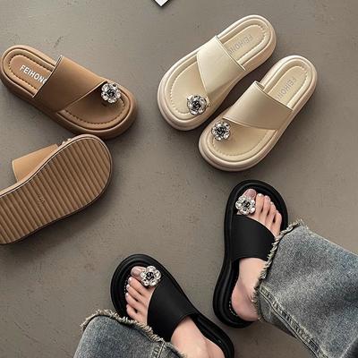 Fairy Style Flip-flops Summer Wear Thick-soled Heightening Sandals Rhinestone Cover Toe Versatile with Skirt Beautiful Cool Slippers