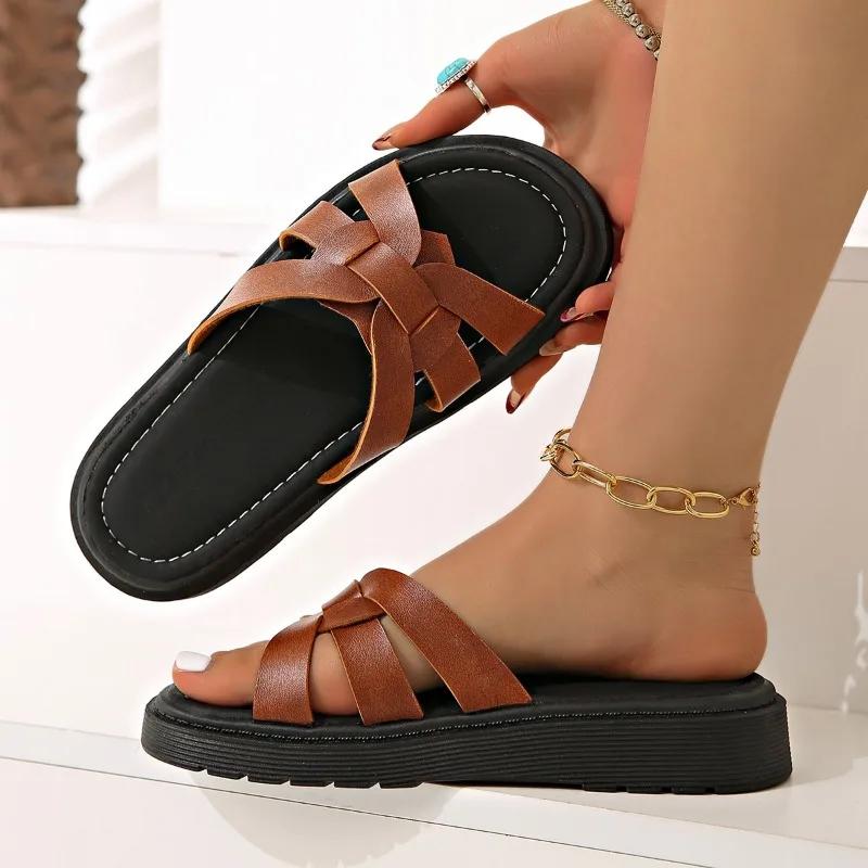 

Fashion 2025 Summer New Women s Outdoor Platform Slippers Weave Plus Size Casual Sandals Comfortable Beach Daily Concise Solid Slippers 43