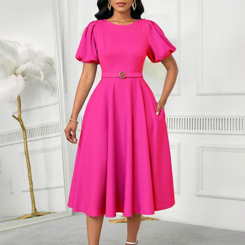 Women's Summer Fashion Bubble Sleeves Elegant High Waist Solid Color Round Neck Large Skirt Dress