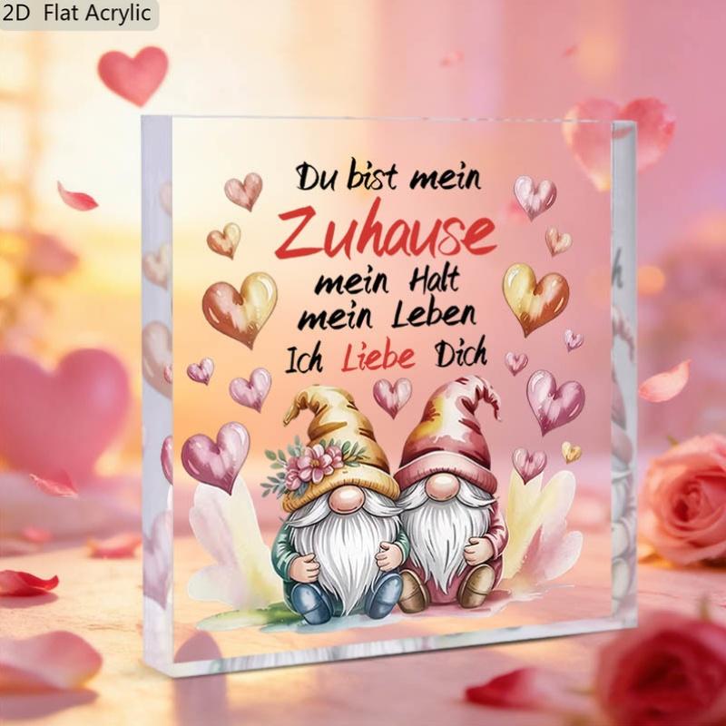 2D Flat, "Du Bist Mein" Heart-Shaped Gnome Acrylic Desktop Decoration Plaque, Suitable for wall Decoration, porch, Room, Villa, accents Home, Hallway,