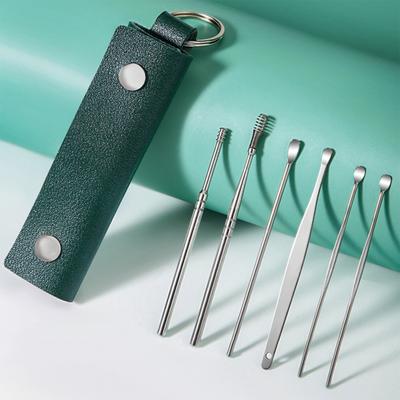 6-Piece Stainless Steel Ear Pick Set Spiral Ear Cleaner Tools with Faux Leather Case Home Ear Care Kit for Home Travel