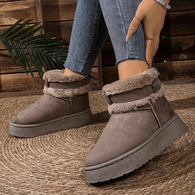 Fashion Buckle Faux Fur Winter Ankle Boots Women Cotton Padded Thicken Plush Snow Boots Comfort Thick Sole Non Slip Platform Casual Shoe
