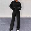 2 Pcs/Set Women Hoodie Pants Suit Drawstring Thread Long Sleeves Solid Color Top High Waist Wide Leg Sport Trousers Spring Fall Tracksuit