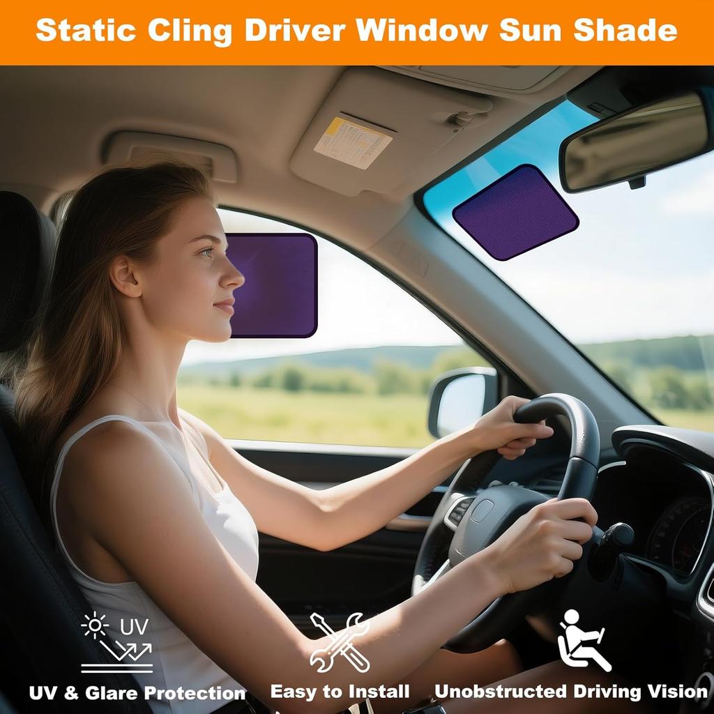 Square Static Cling Car Window Shades For Windshield & Side Windows – Universal Fit (9.84" X 7.09") Driver Side Window Sunshade, Glare-Reducing