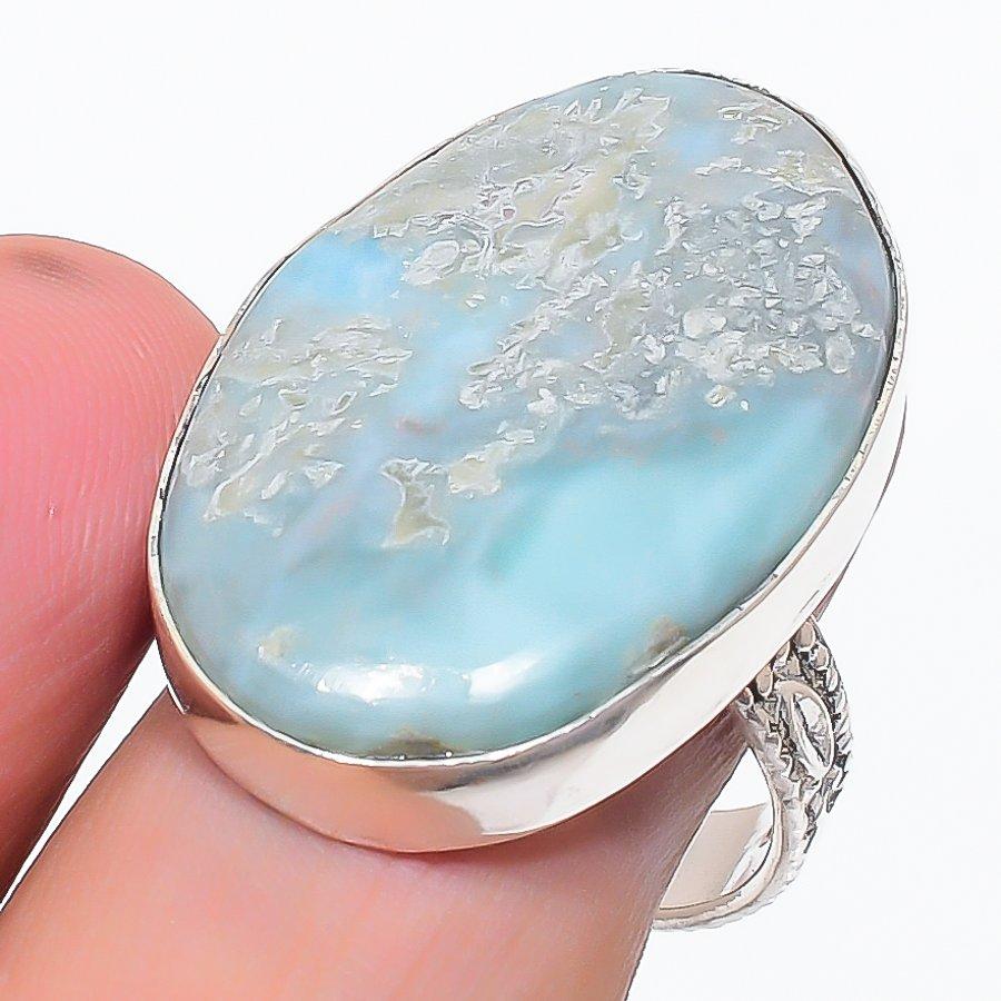Natural Larimar Gemstone Handmade 925 Sterling Silver Jewelry Ring Size 9.5 c8Y28