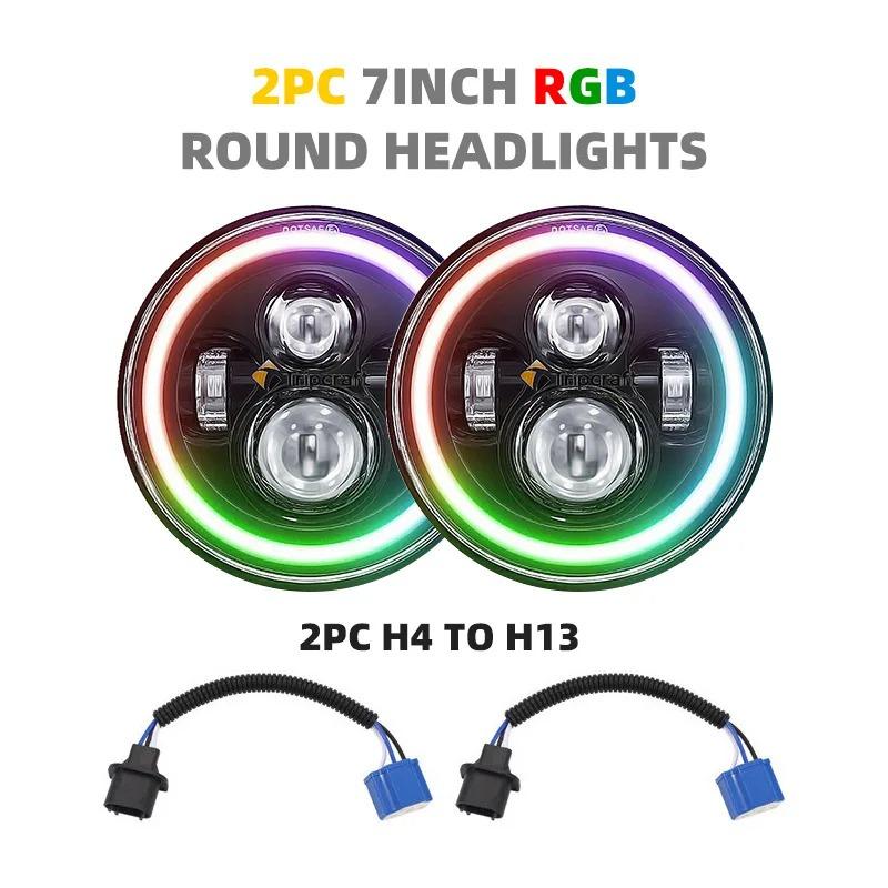7 Inch Angel Eyes LED Headlight Round H13 H4 LED Lamp with High/Low Beam and DRL 6000K Colorful Angle Eye Light