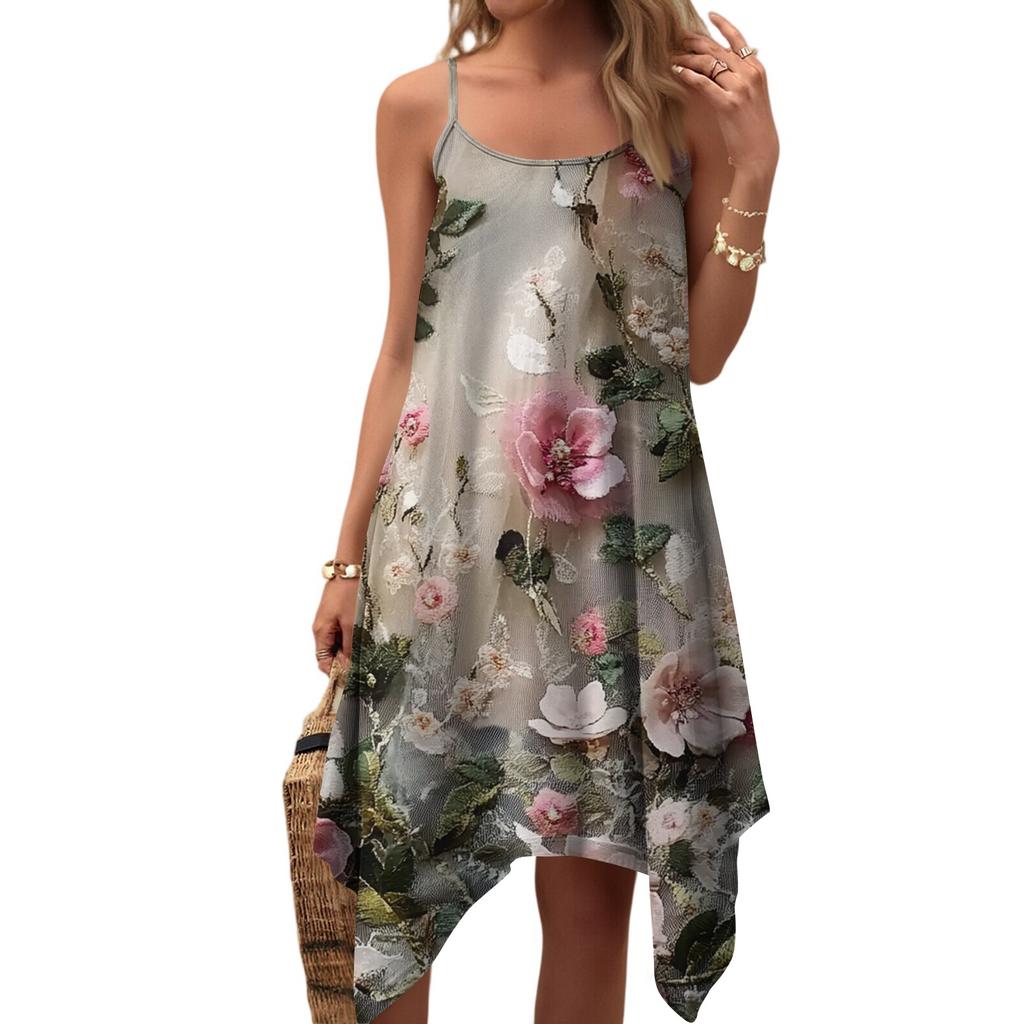 Dam sommar vardaglig vintage blommig tryck rund hals justerbar hängselklänning med fickor