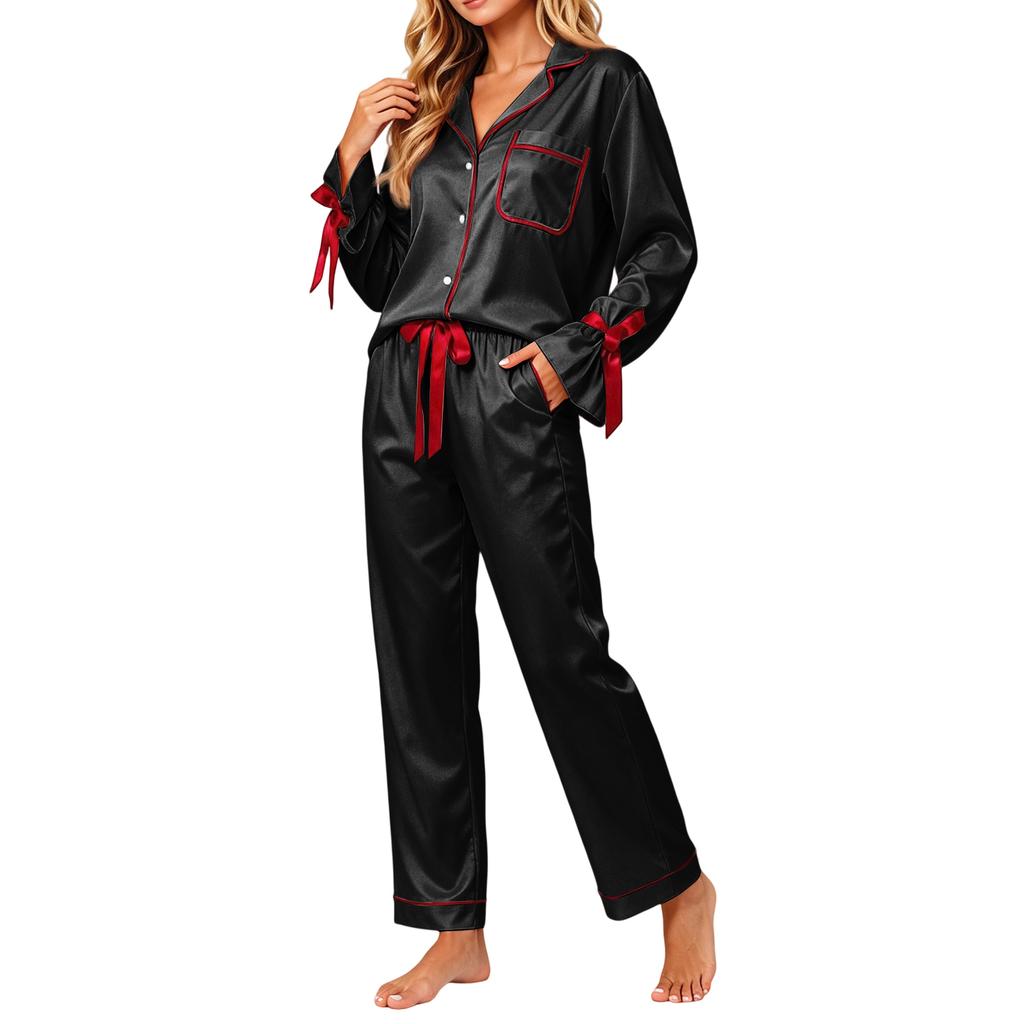 Women's Long Sleeve Top with Chest Pocket and Pants Casual Pajama Set