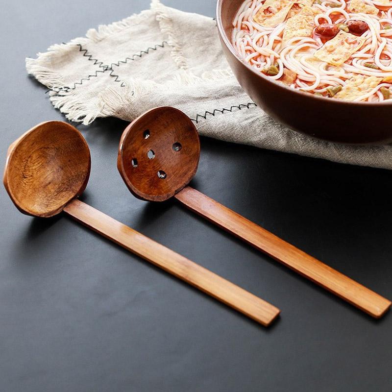 Long Handled Soup Spoon Bamboo Wooden Lamian Noodle Strainer for Hot Pot Cooking Kitchen Slotted Ladle Home Utensil Accessory