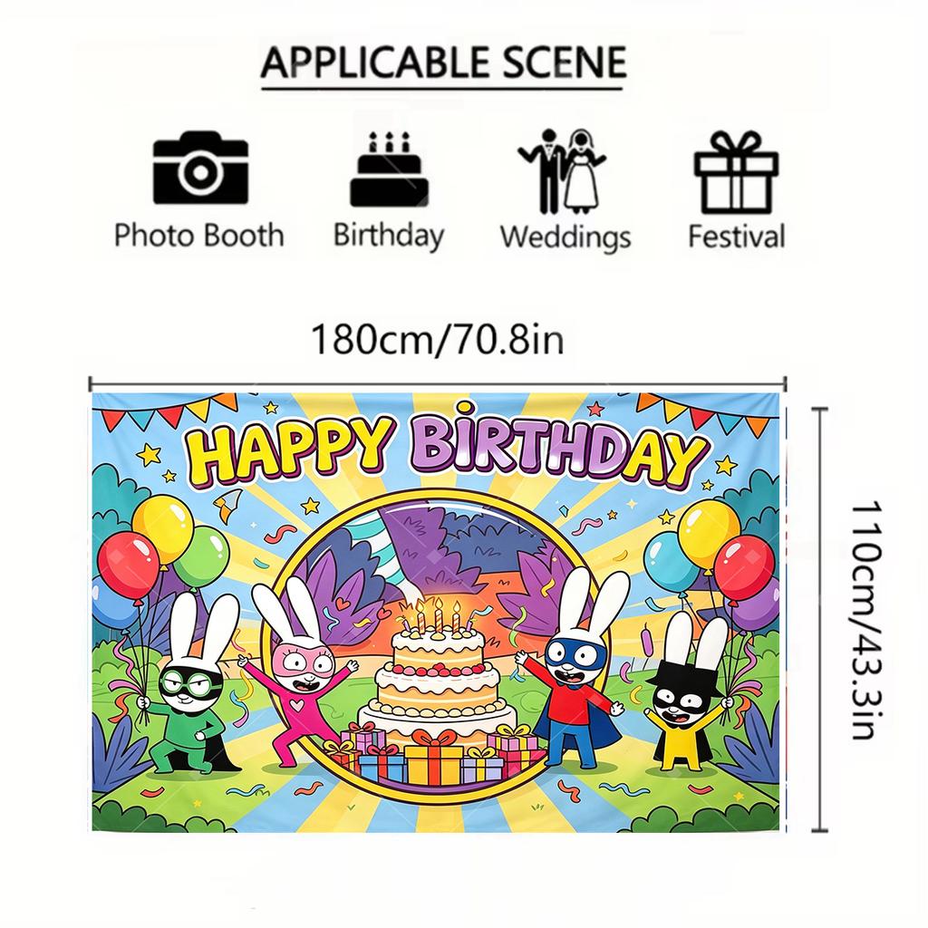 Pretty photo backdrop for a children's birthday party, Simon Super Rabbit and his rabbit friends theme, rainbow party decoration, baby shower877