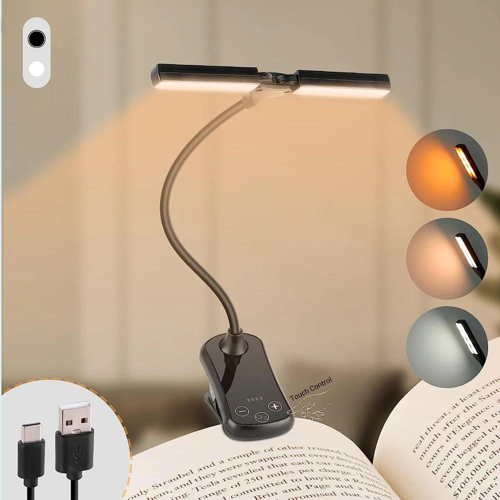 Lámpara de lectura portátil con clip de 14 LED, 3 colores, 8 niveles de brillo, luz nocturna recargable por USB, lámpara de lectura portátil, mini lámpara de escritorio