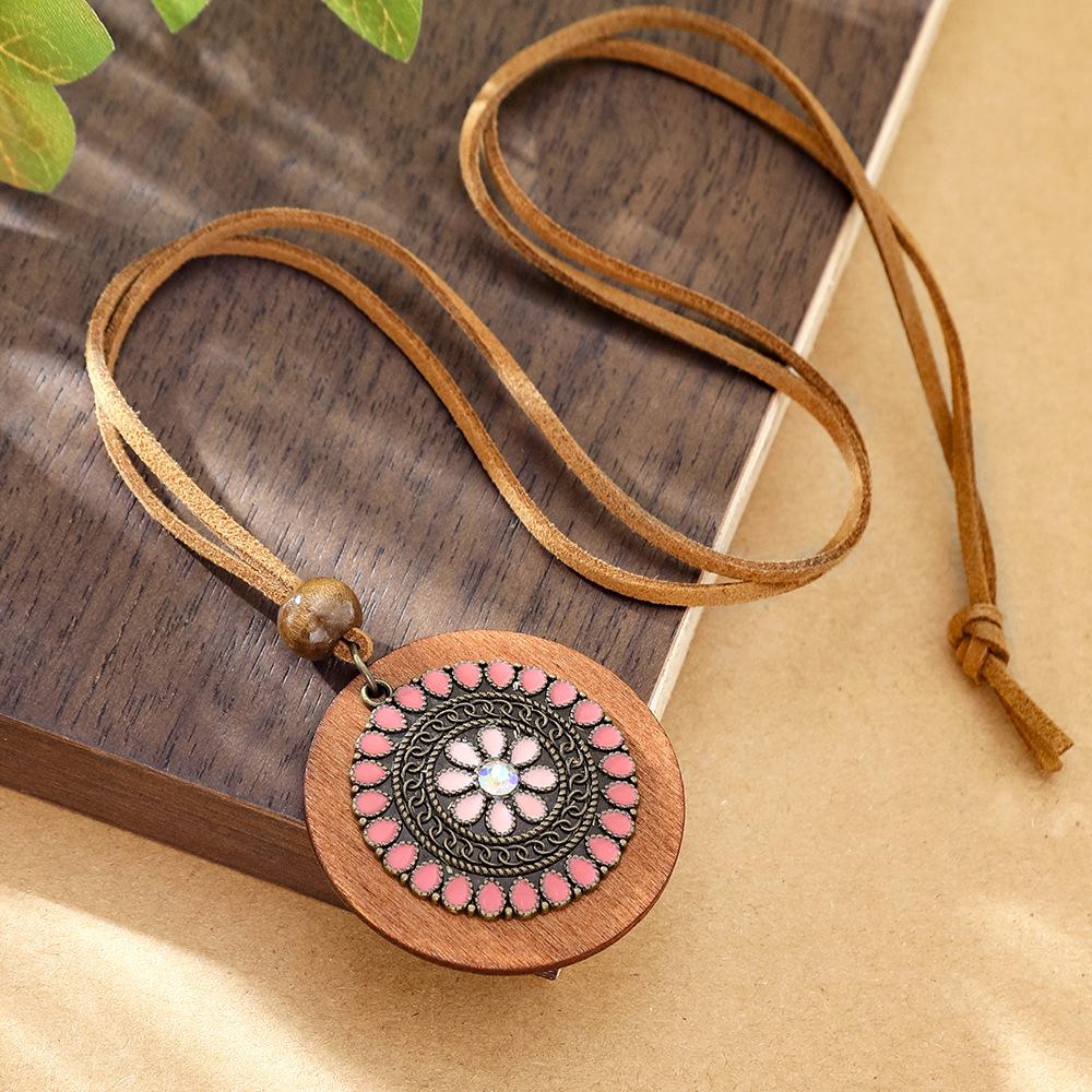 Bohemian Runder Holzscheiben-Anhänger Halsketten für Damen Ethnisch Bunt Öl-Tropfen Vintage Lederseil Halskette Damen Schmuck