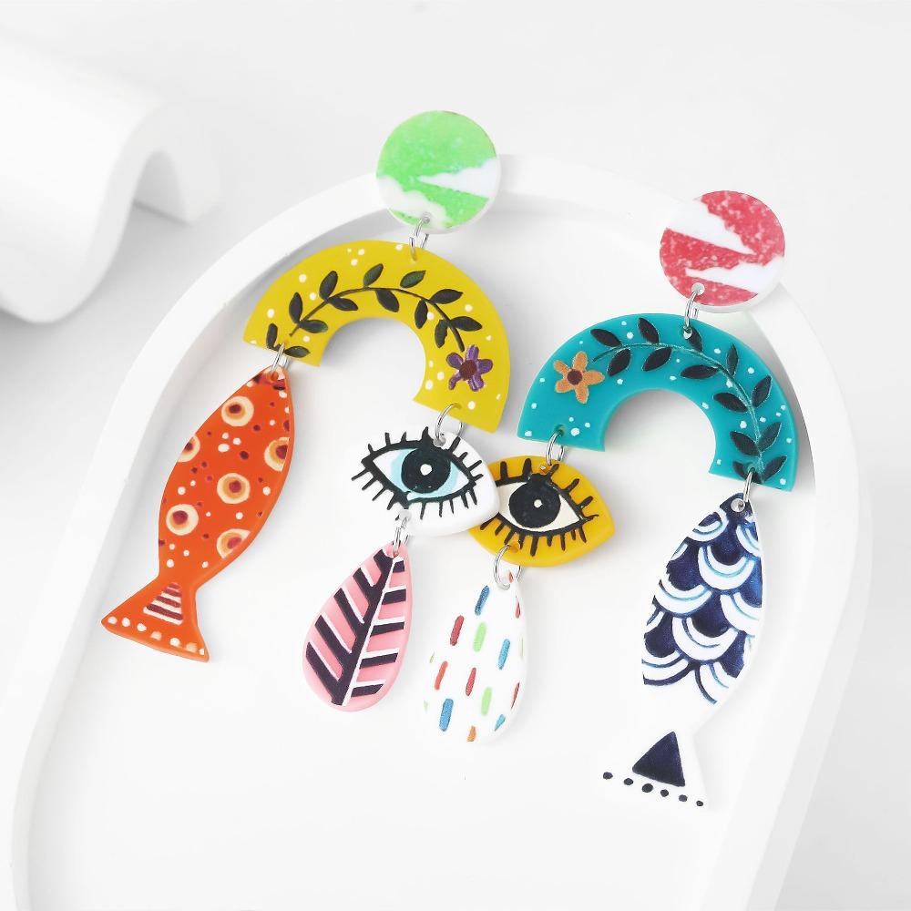 Personality Retro Colorful Abstract Fish Eye Leaf Printed Eco-friendly Acrylic Dangle Earrings for Women Trendy Designer Jewelry
