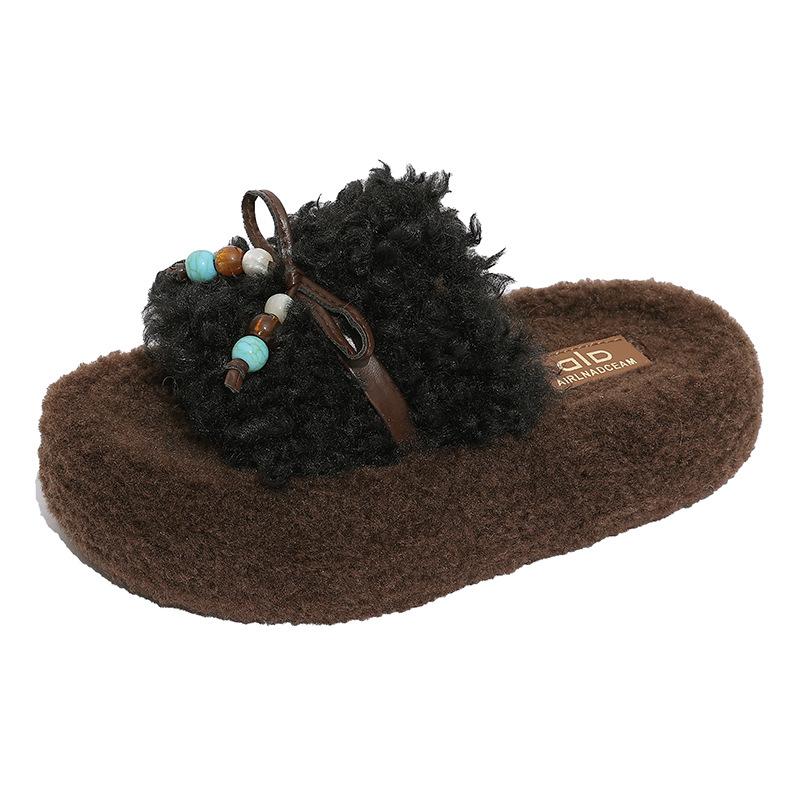 Dámské huňaté pantofle se silnou podrážkou na nošení ven na podzim a zimu 2025 nová móda ven malé muffinové rolády plyšový bavlněný mop