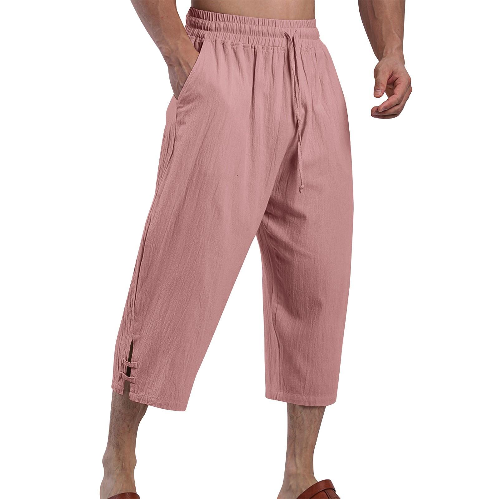 

Мужские летние повседневные укороченные брюки на шнурке Мужские дышащие укороченные брюки из хлопка и льна M розовый