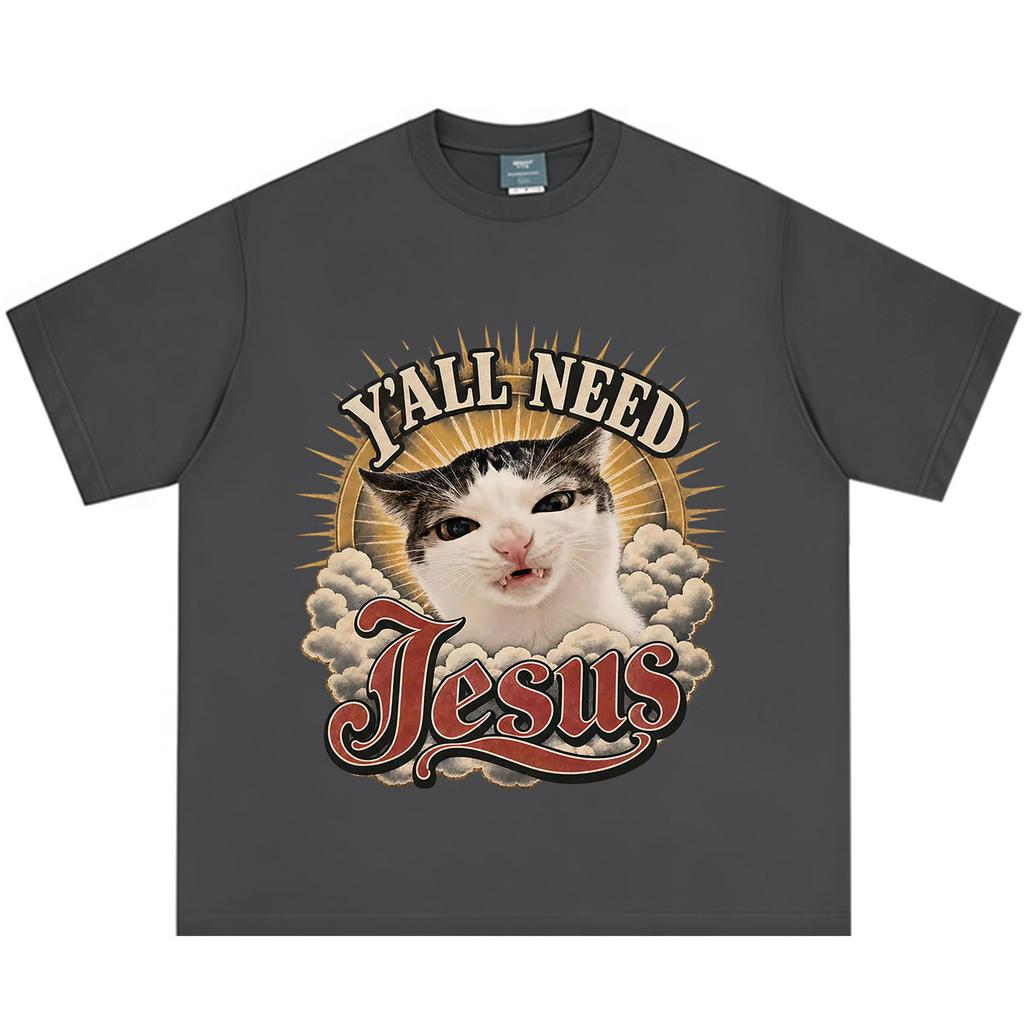 Yall Need Jesus Cat Vintage Christian Meme TShirt Unisex Unisex Fashion TShirt Summer Shortsleeved Loose Casual Cotton Tshirts