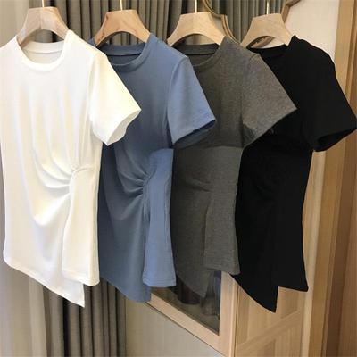 Women's Elastic Side Waist Pleated Slit Short-Sleeve Top - Summer 2025 Trend