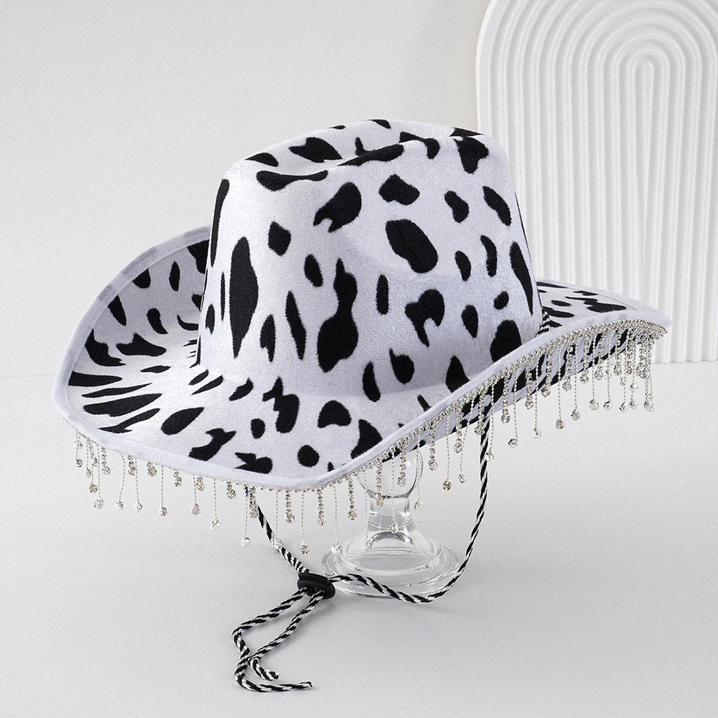 Western Cowboy Hat With Rhinestone Tassel Wide Brim Cow Print For Party Stage Performance