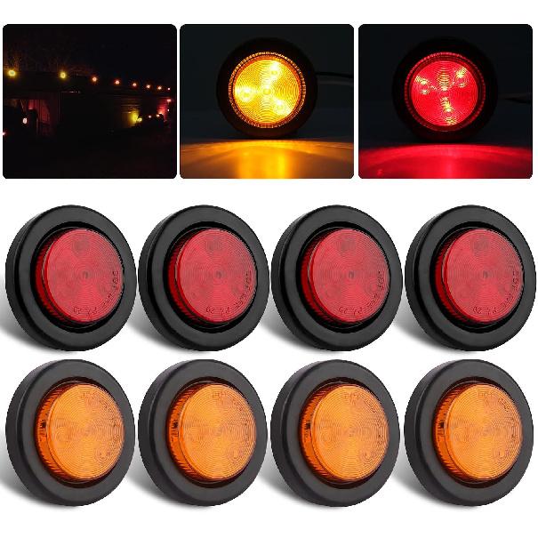 8Pcs 2 Inch Round Led Trailer Marker Lights, 4 Amber + 4 Red 2 Inch Round LED Side Marker and Clearance Marker Lights 4 LED Sealed Flush Mount