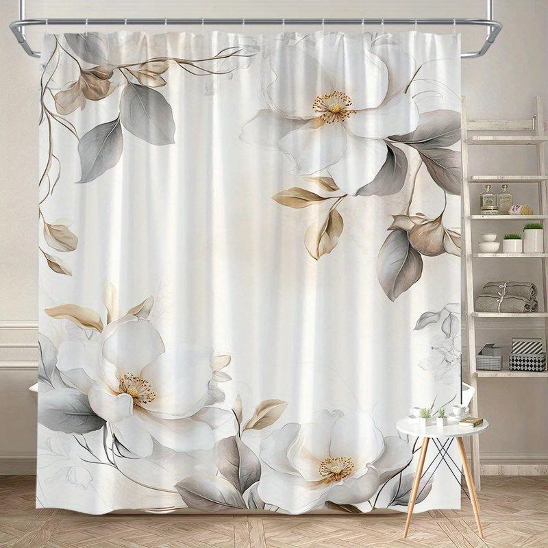 

1Pc White Peony And Beige Leaf Pattern Shower Curtain, Polyester Fabric, Machine Washable, Suitable For Bathroom Decoration W60H190(CM)-1 Pcs