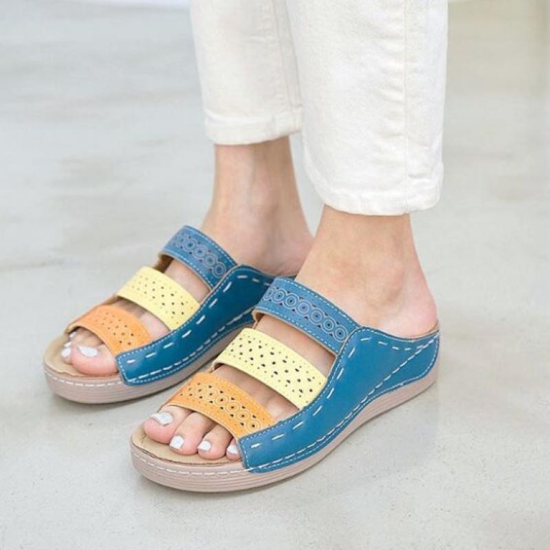 New Arrivals Open Run Women Leather Open Toe Punching Mule Sandals