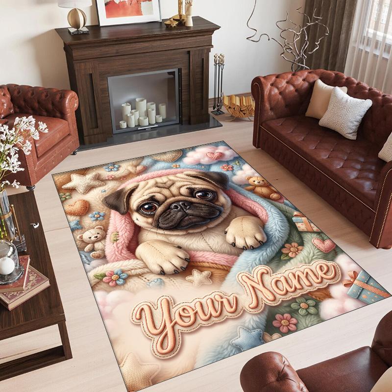 Pug Theme Crystal Velvet Floor Rug Personalized Custom Name Text Warm Carpet Home Decoration