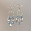 Blue hollow fringed pendant earrings French retro girls earrings high-end versatile earrings niche