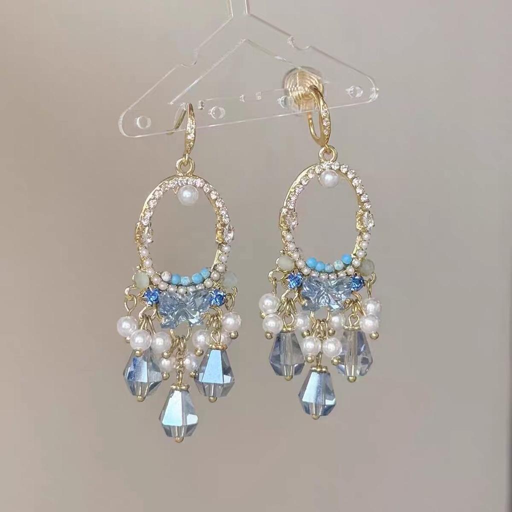 Blue hollow fringed pendant earrings French retro girls earrings high-end versatile earrings niche