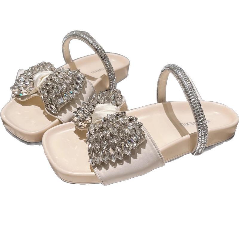 New Rhinestone Bow Slippers Mary Jane Beach Sandals Casual Vacation Outer Slippers Women's Shoes