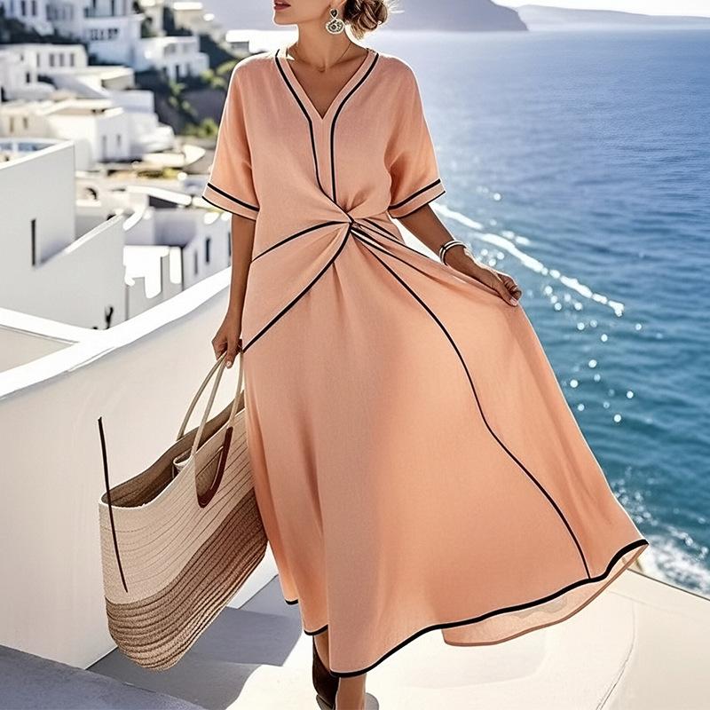 Women's spring new, European and American dresses, elegant temperament lace-up V-neck dresses