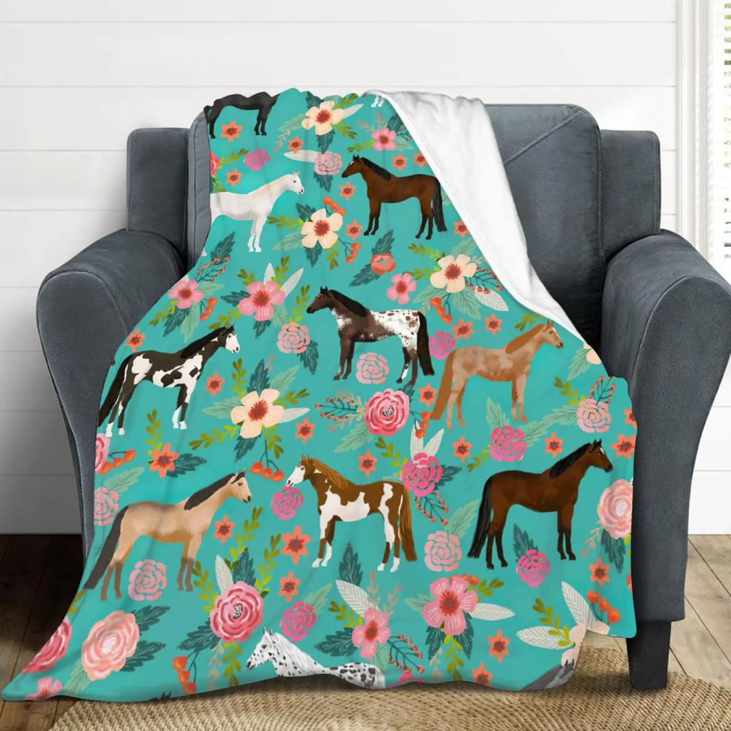 Girls Horse Blanket Beautiful Animal Horse with Wreath Throw Blanket, Ultra Soft Warm Sofa Bedding Living Room Flannel Blankets