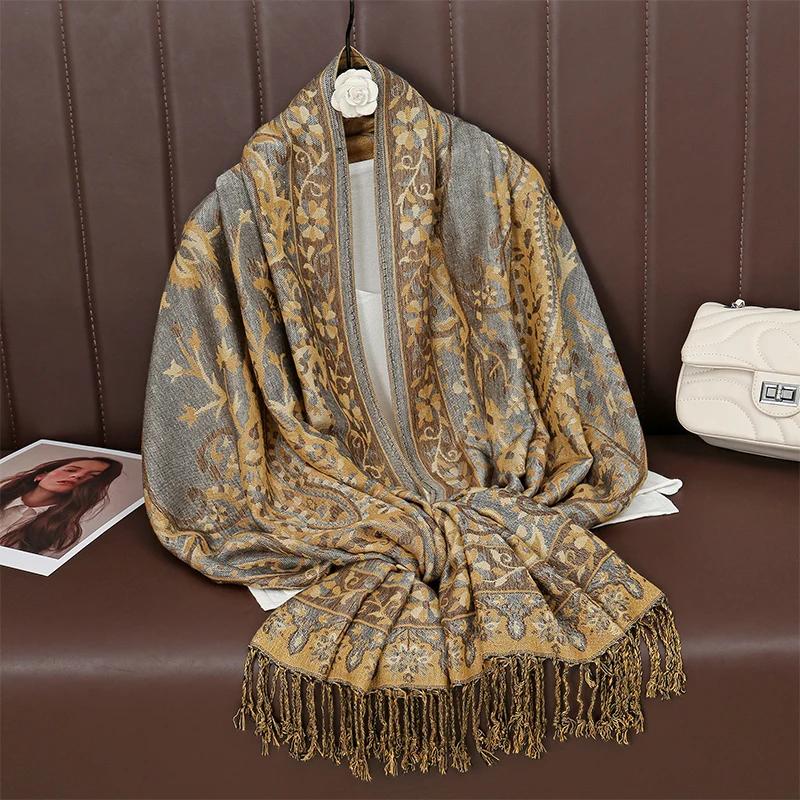 Bohemia Ethnic Style Women Scarf Retro Jacquard Thick Cashmere Tassel Shawl Winter Warm Muslim Hijab Wrap Pashmina