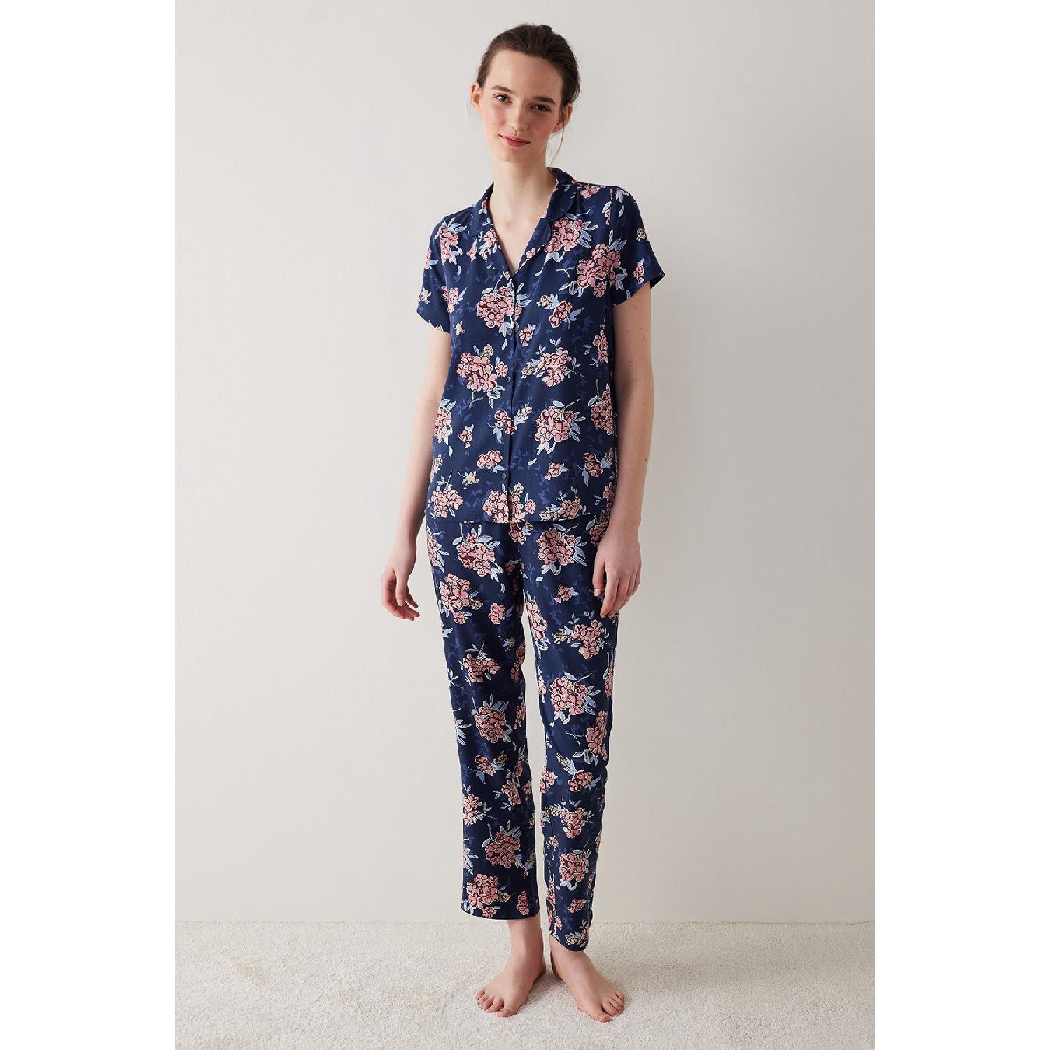 

Concept Floral Shirt Trousers Navy Blue Pajama Set XS Темно-синій