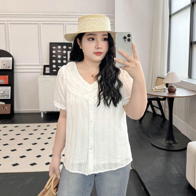 

Plus size women clothing [French style Artistic Shirts] Summer Chubby Girl Lace Collar Vertical Stripes 100.00kg Slimming Short sleeve Shirt Cheese White 7xl