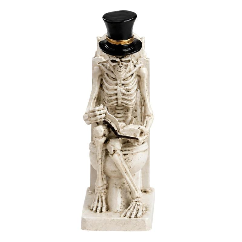 Shelf Display Skull Reader Figure for Desk Accent, Toilet Seat Book Scene, and Dark Humor Room Theme Presentation Piece for Seasonal Use