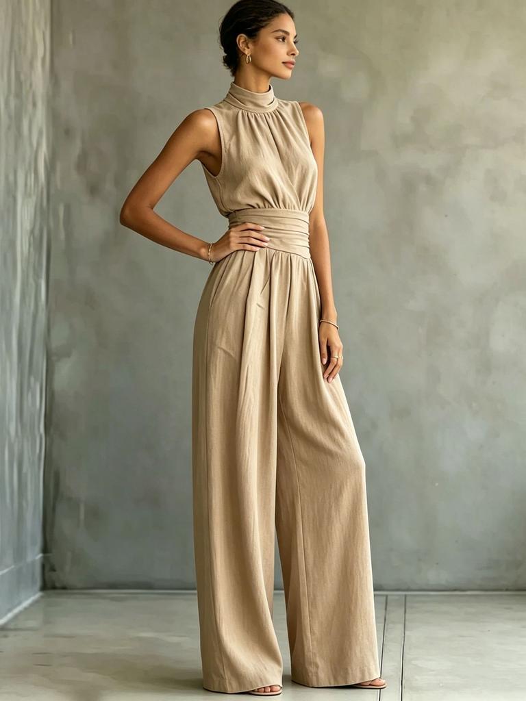 Europa e America estate 2026 tuta senza maniche con collo semi-alto a gamba larga da donna tinta unita casual moda pantaloni