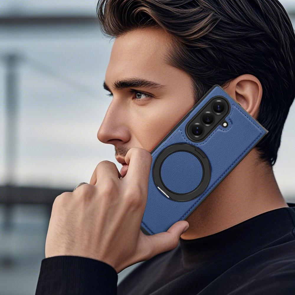 KEYSION 360° Rotating Magnetic Ring Stand PU Leather Case for MagSafe for Samsung Z Fold 7 5G Wireless Charging Phone Back Cover