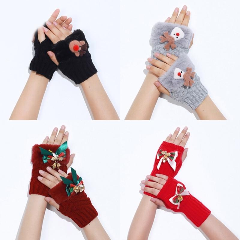Knitted Gloves Winter Half Finger Mittens Stretchy Touchscreen Christmas Gloves for Kids Teenagers Winter Presents
