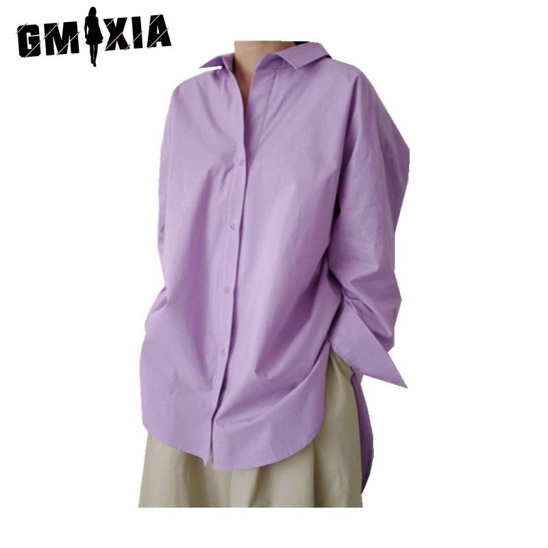 GMXIA Camicette e camicie con collo a polo, maniche lunghe, stampa casual, alla moda, in tinta unita