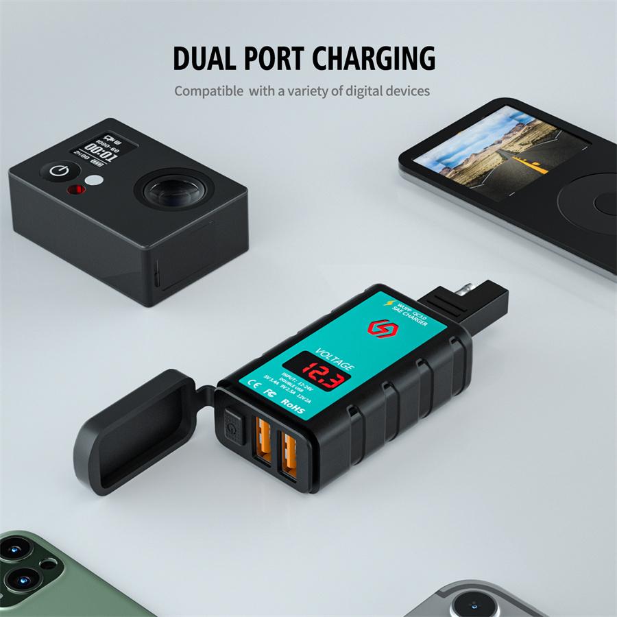 Motorcycle Dual Usb Charger Qc3.0 Fast Charger With Voltmeter Power Switch Integrated Sae Socket 1.4 M Ot Terminal Cable