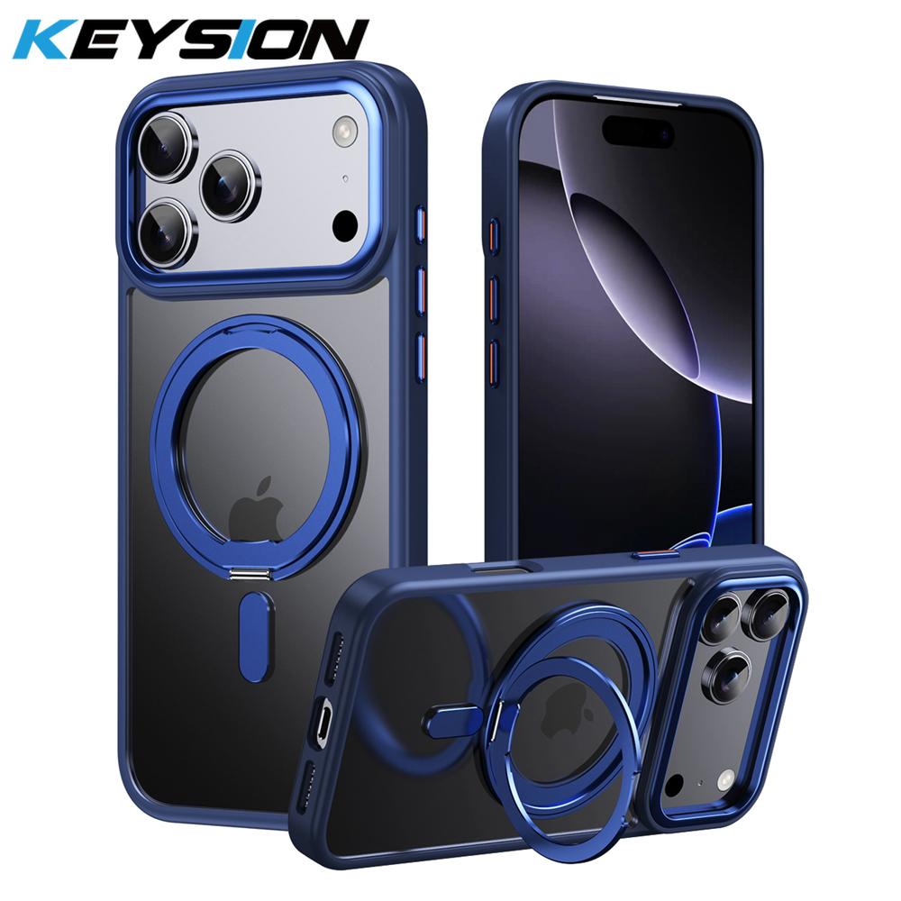 

KEYSION Shockproof Transparent Matte Case for MagSafe for iPhone 17 Pro Max 360° Magnetic Ring Stand Wireless Charging Phone Back Cover for iPhone 17 Pro синий
