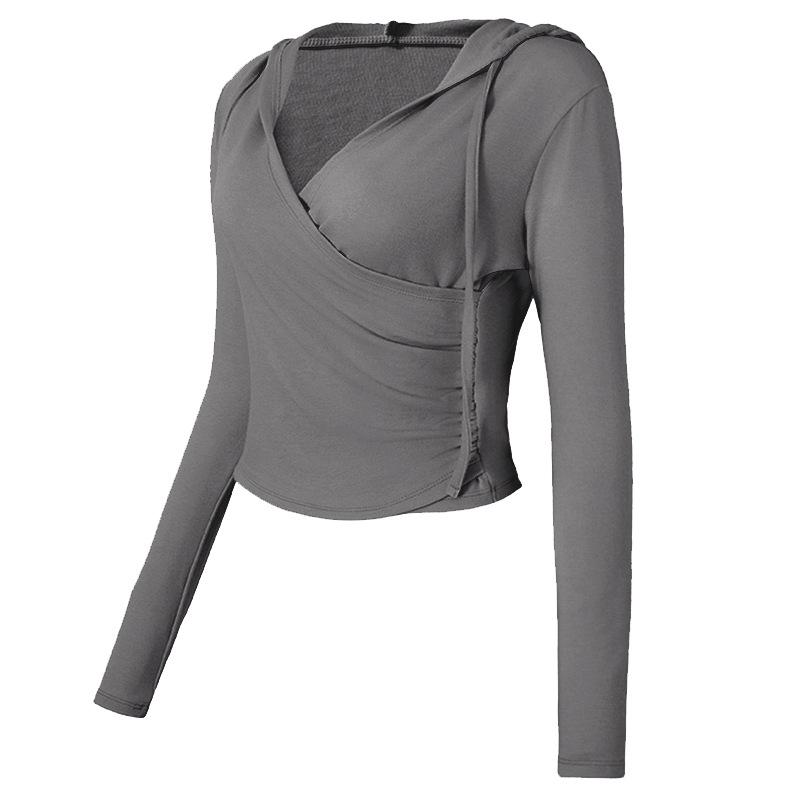 Women's Hooded Slim-Fit V-Neck Yoga Suit - Autumn & Winter Long-Sleeved Fitness Top for Running & Pilates