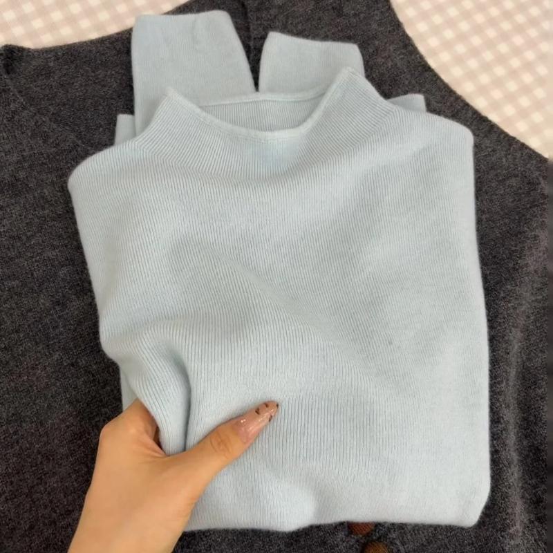 Cream Yellow Stand Collar Knit Sweater Women Spring Korean Versatile Long Sleeve Top Inner Wear Base Layer