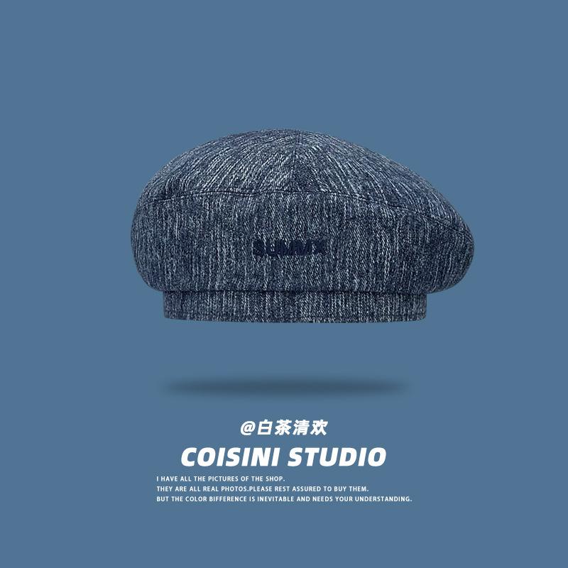 

Korean Denim Stylish Beret Hat For Unisex With Embroidered Design Perfect For Spring And Fashion Summer темно-синього кольору
