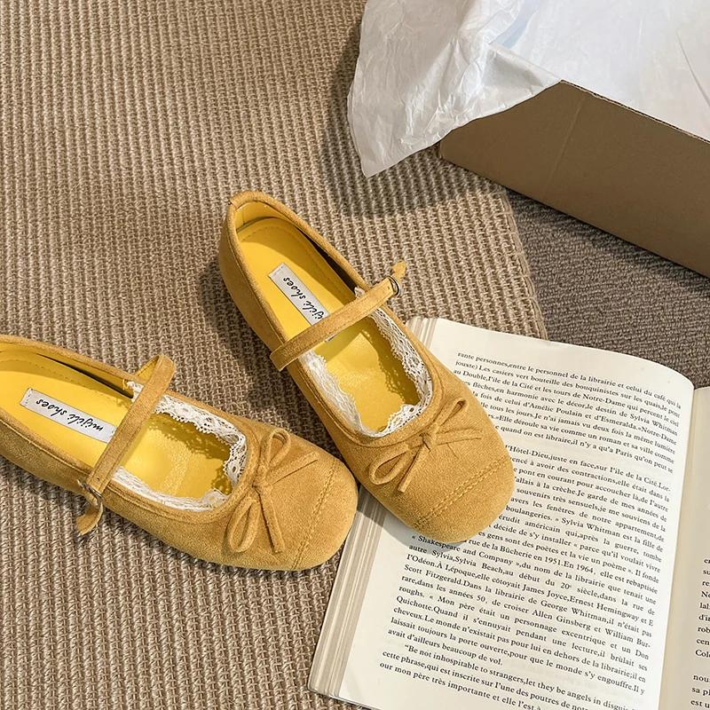 2025 Women's Fashion Single Shoes Spring New Round Head Shallow Mouth Bow Lace Metal Buckle Soft Sole Non-slip Flat Shoes