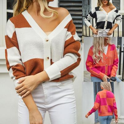 2023 Autumn/winter Women's Casual Cardigan Sweater Plaid Patchwork Sweater Loose Coat