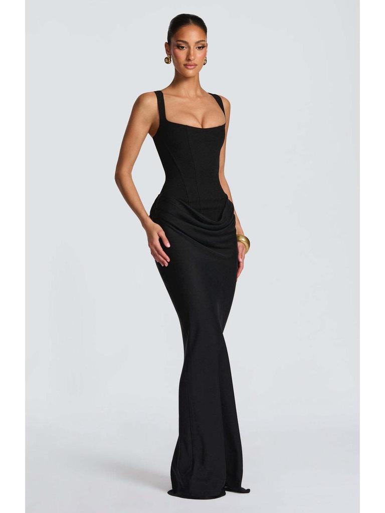 Women's Spring Slim Fishbone Strappy Long Dress - Solid Color Hip-Hugging Design