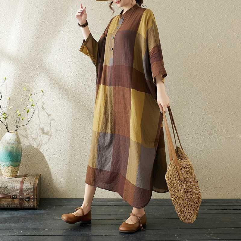 Summer New Temperament Literary Retro Printed Lapel Loose Large Size Vacation Dresses