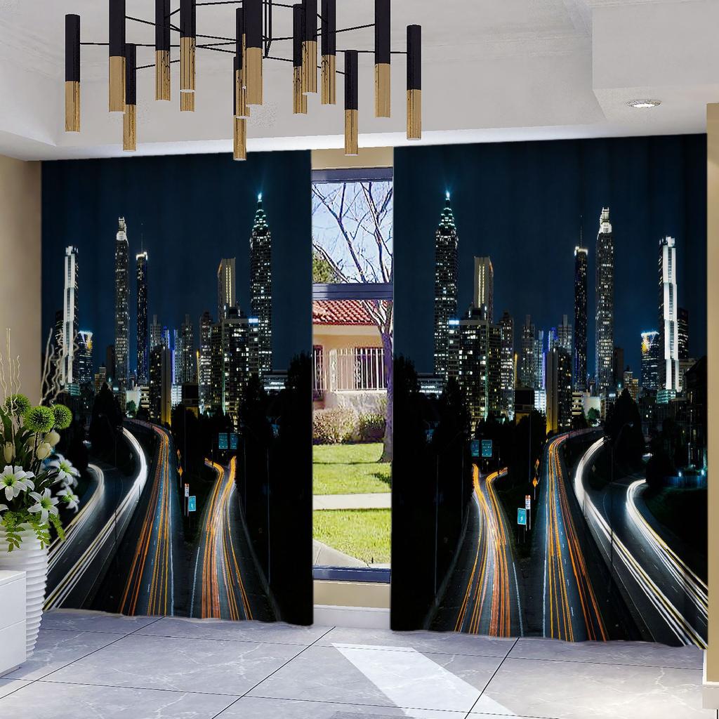 Urban Landscape 3D Digital Printing Polyester Black Silk Full Blackout Curtain Cloth Map