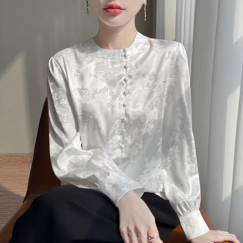 Women S Chinese Style Stand Collar Long Sleeve Printed Satin Shirt